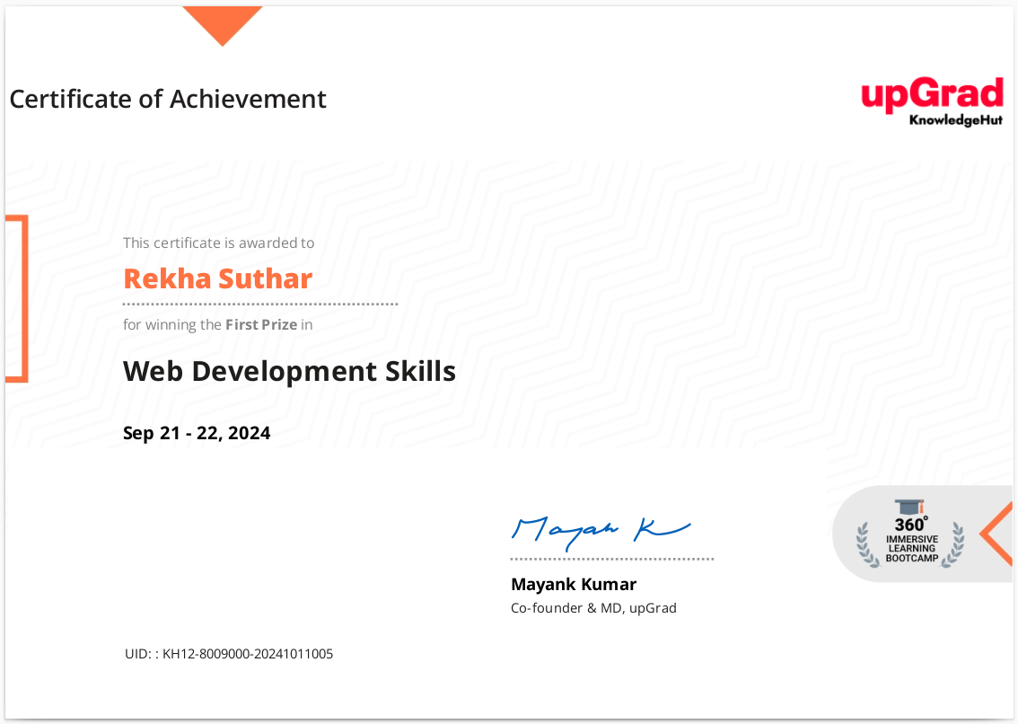 Hackathon - Web Development Winning Certificate