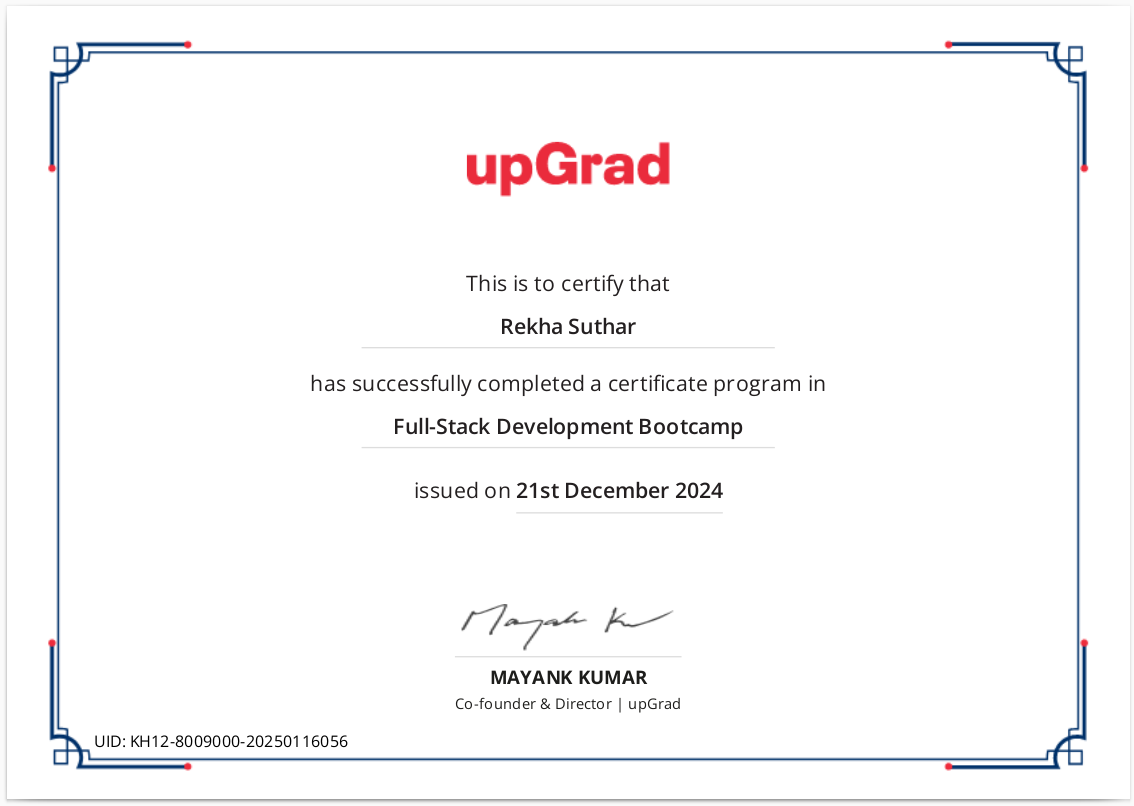 upGrad - FSD Bootcamp Completion Certificate